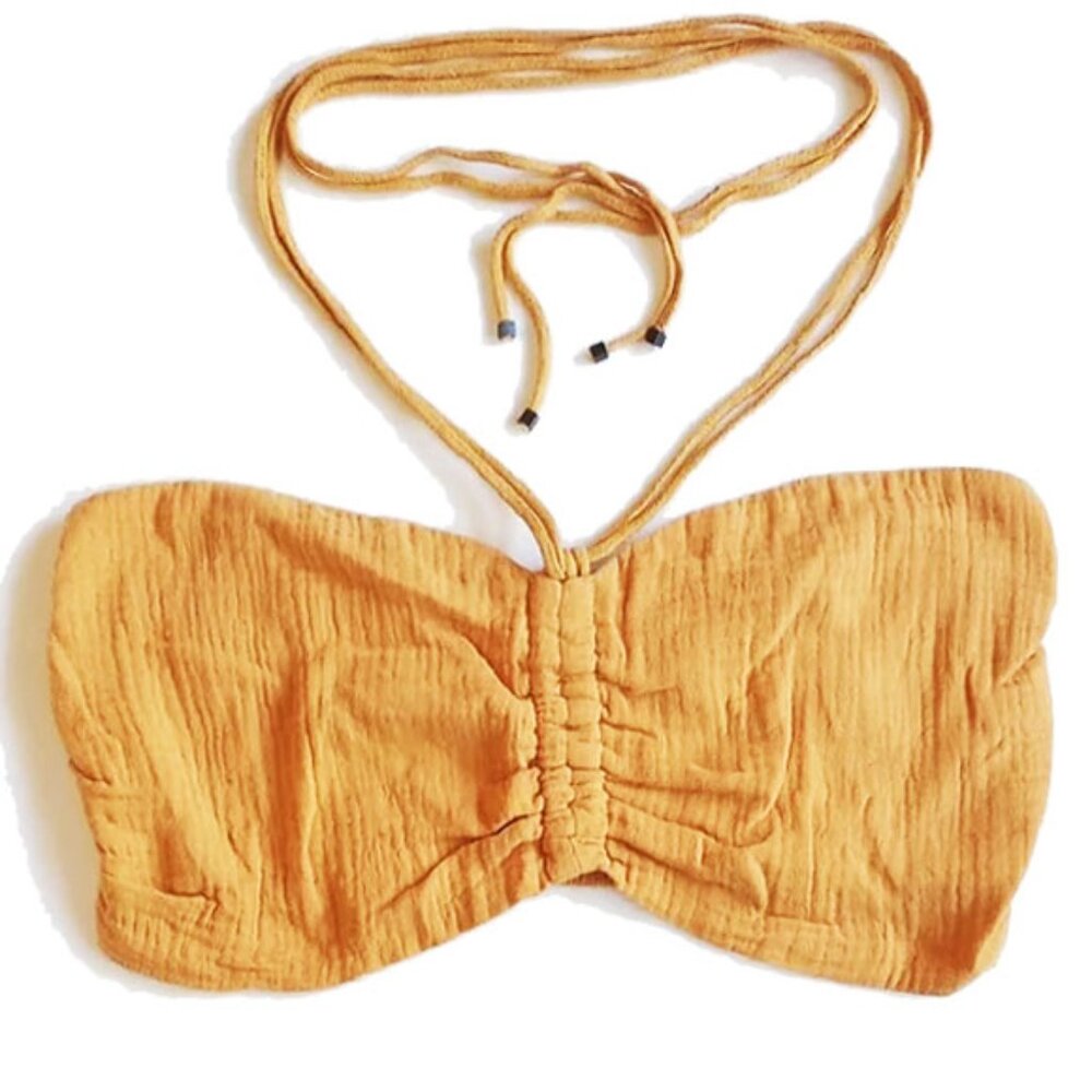 12th Tribe 100% Cotton Smocked Bandeau Halter Top M Pumpkin Orange Lined